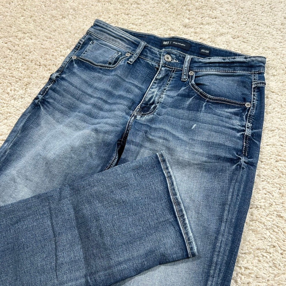 BKE Jake Straight Jeans 33x30 Blue Medium Wash Stretch Denim Y2K Embroidered
